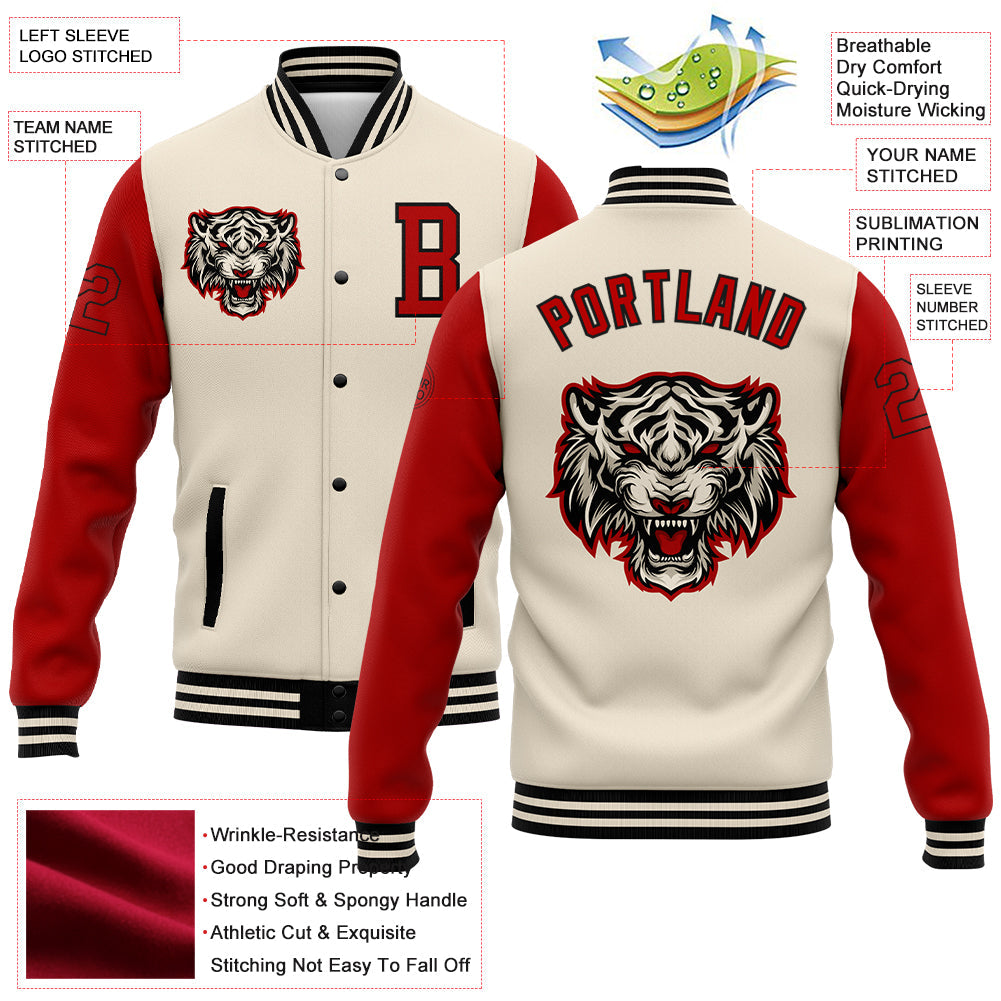 Custom Cream Red-Black 3D Pattern Design Bomber Full-Snap Varsity Letterman Jacket view 5
