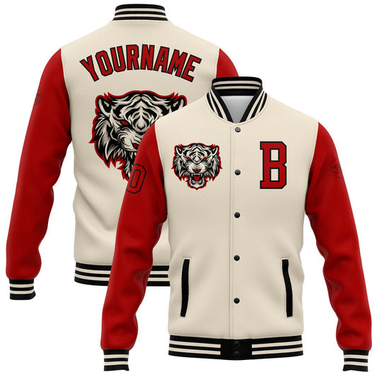Custom Cream Red-Black 3D Pattern Design Bomber Full-Snap Varsity Letterman Jacket - Main View