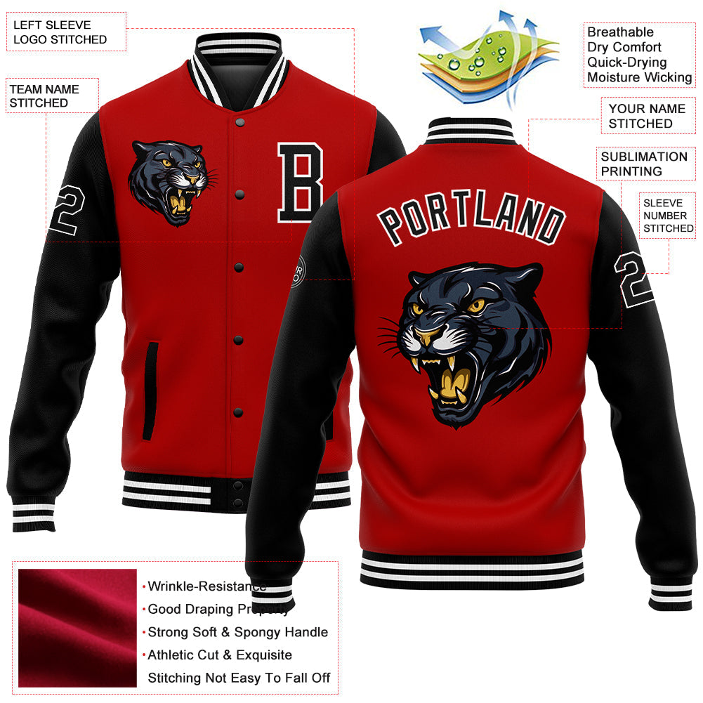 Custom Red Black-White 3D Pattern Design Bomber Full-Snap Varsity Letterman Jacket view 5
