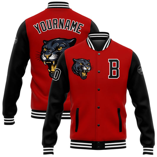 Custom Red Black-White 3D Pattern Design Bomber Full-Snap Varsity Letterman Jacket - Main View