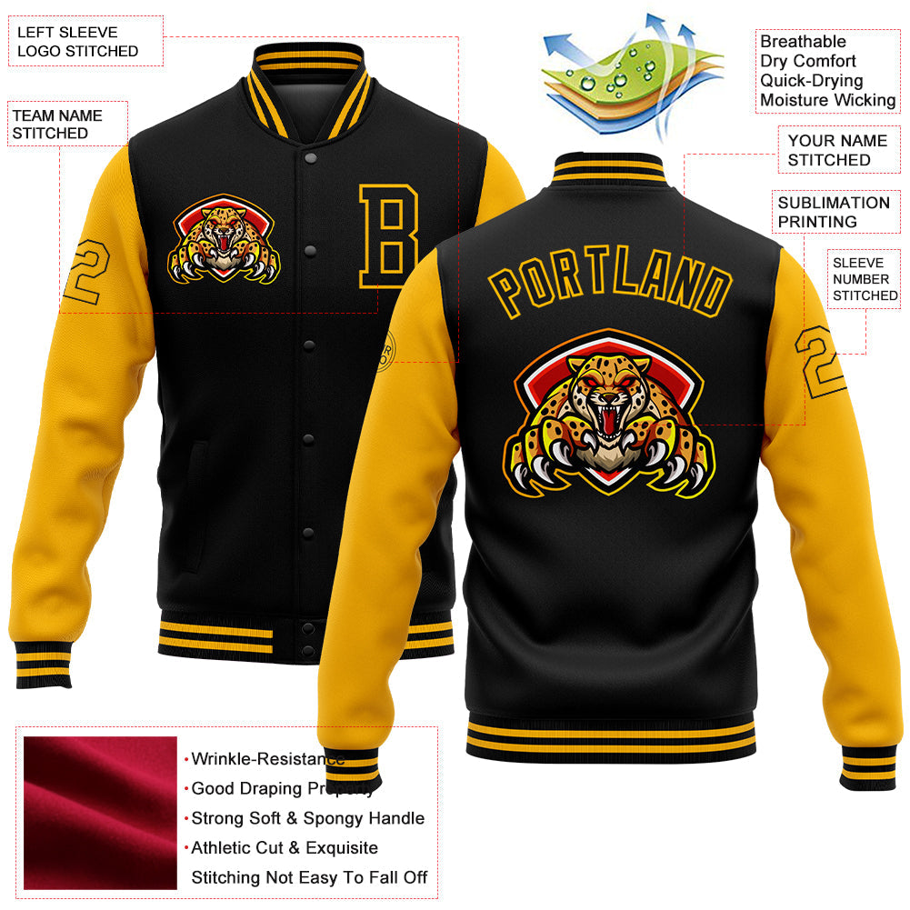 Custom Black Gold 3D Pattern Design Bomber Full-Snap Varsity Letterman Jacket view 5