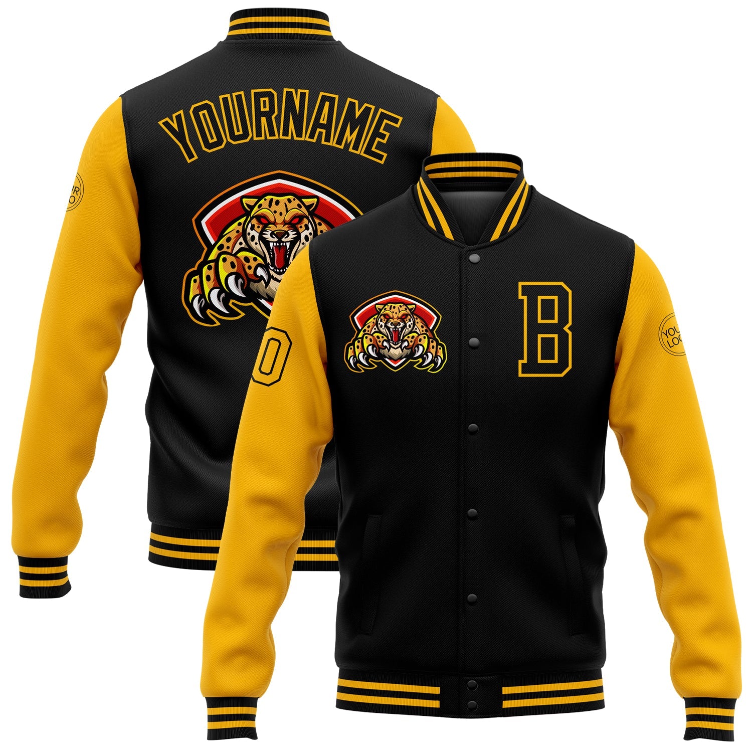 Custom Black Gold 3D Pattern Design Bomber Full-Snap Varsity Letterman Jacket - Main View