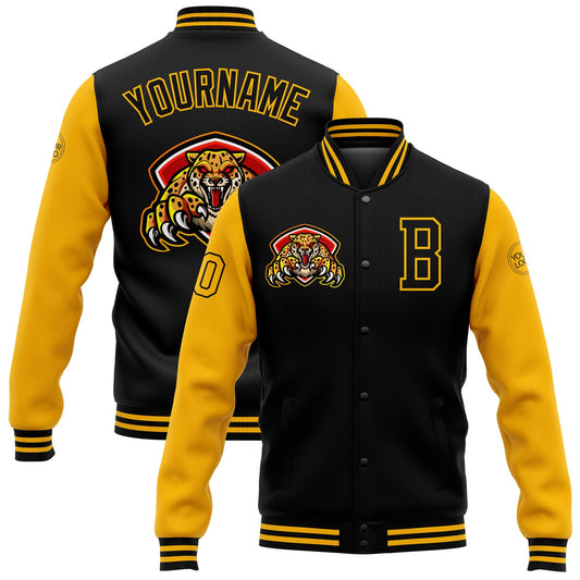 Custom Black Gold 3D Pattern Design Bomber Full-Snap Varsity Letterman Jacket - Main View