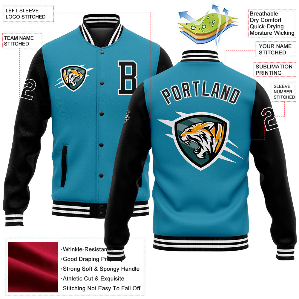 Custom Panther Blue Black-White 3D Pattern Design Bomber Full-Snap Varsity Letterman Jacket view 5