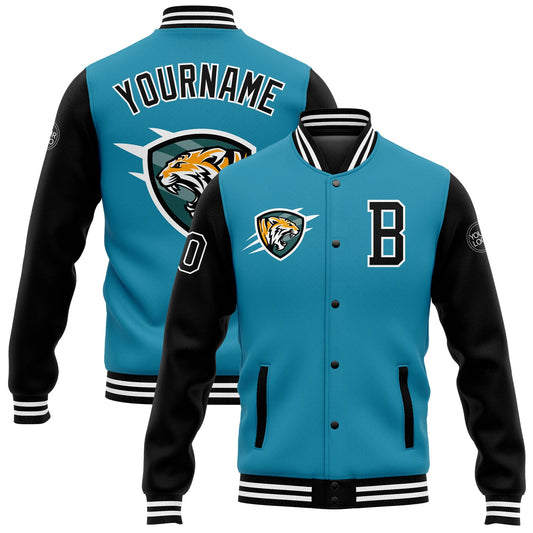 Custom Panther Blue Black-White 3D Pattern Design Bomber Full-Snap Varsity Letterman Jacket - Main View