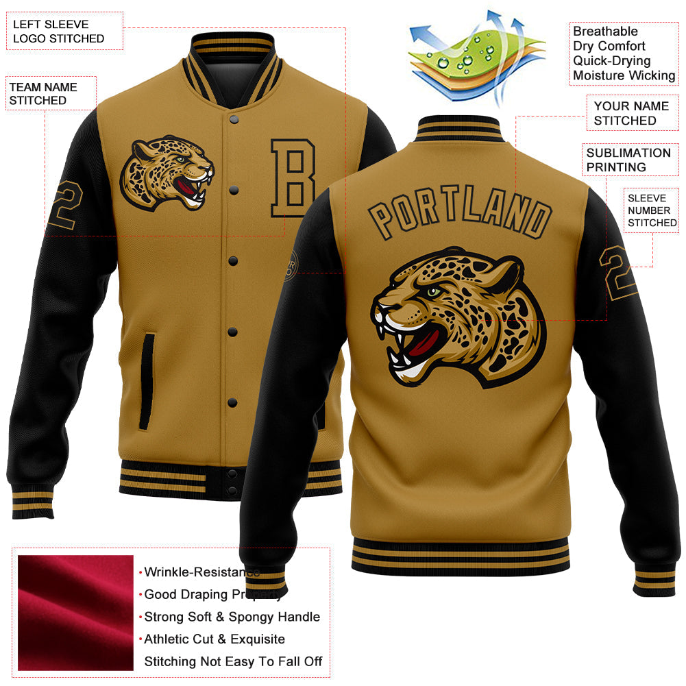 Custom Old Gold Black 3D Pattern Design Bomber Full-Snap Varsity Letterman Jacket view 5