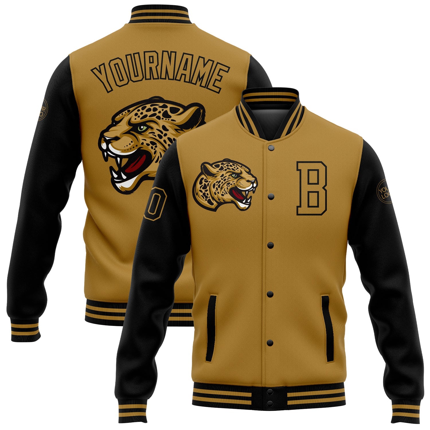 Custom Old Gold Black 3D Pattern Design Bomber Full-Snap Varsity Letterman Jacket - Main View