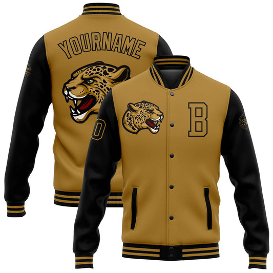 Custom Old Gold Black 3D Pattern Design Bomber Full-Snap Varsity Letterman Jacket - Main View