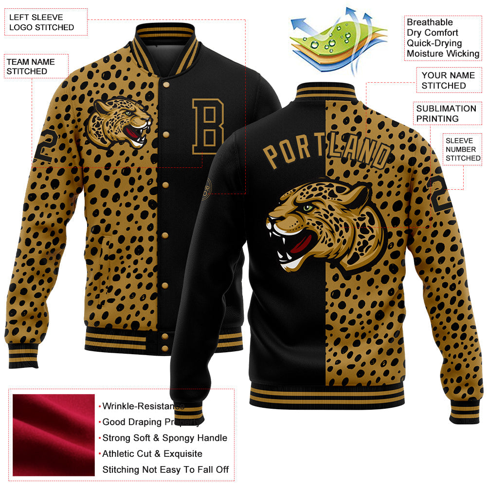 Custom Black Old Gold Leopard Print 3D Pattern Design Bomber Full-Snap Varsity Letterman Jacket view 5