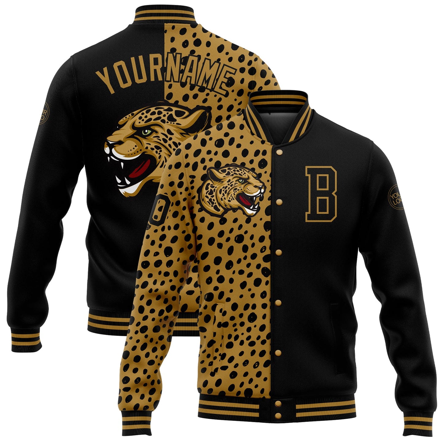 Custom Black Old Gold Leopard Print 3D Pattern Design Bomber Full-Snap Varsity Letterman Jacket - Main View