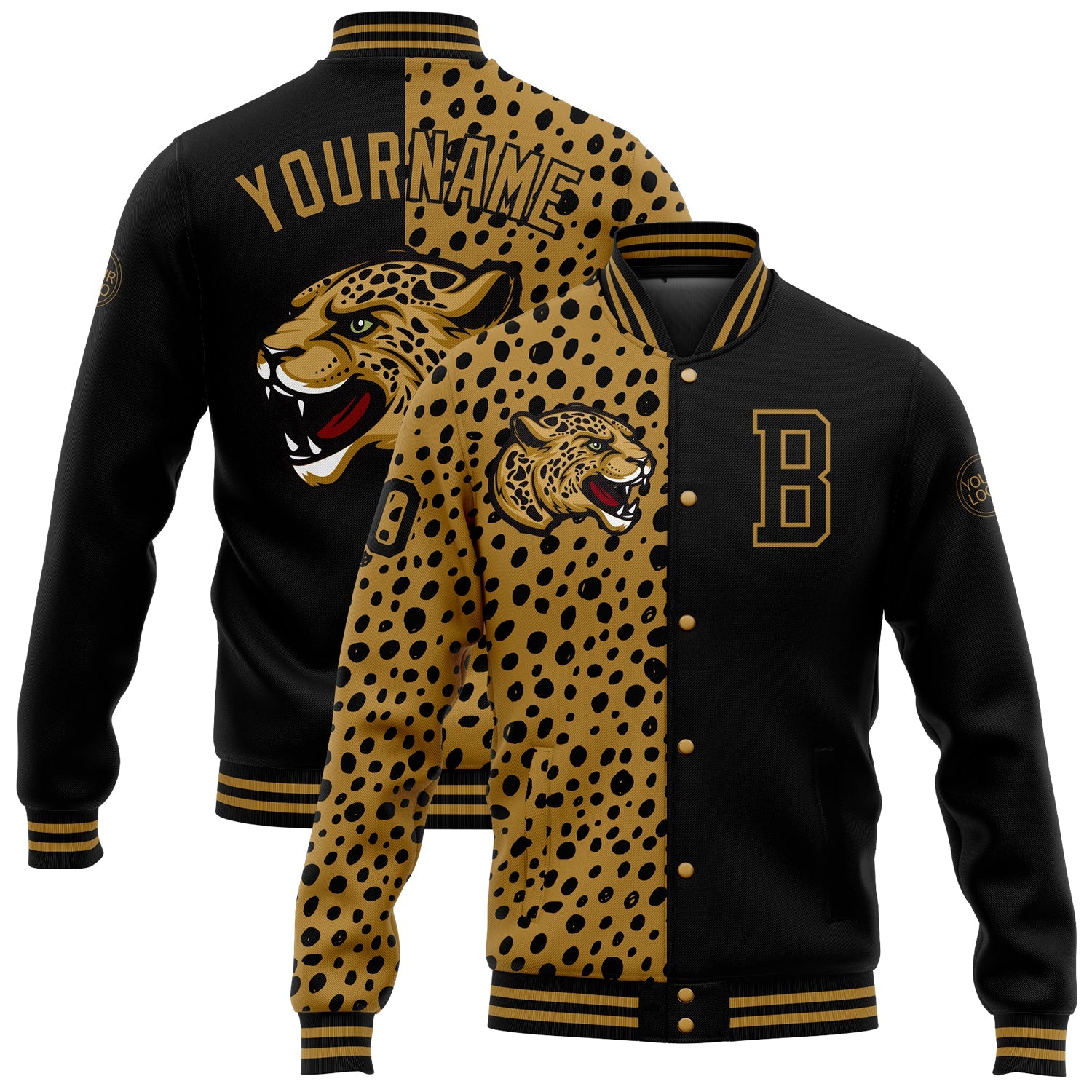 Custom Black Old Gold Leopard Print 3D Pattern Design Bomber Full-Snap Varsity Letterman Jacket - Main View