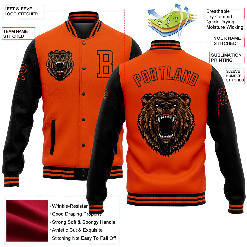 Custom Orange Black 3D Pattern Design Bomber Full-Snap Varsity Letterman Jacket view 5