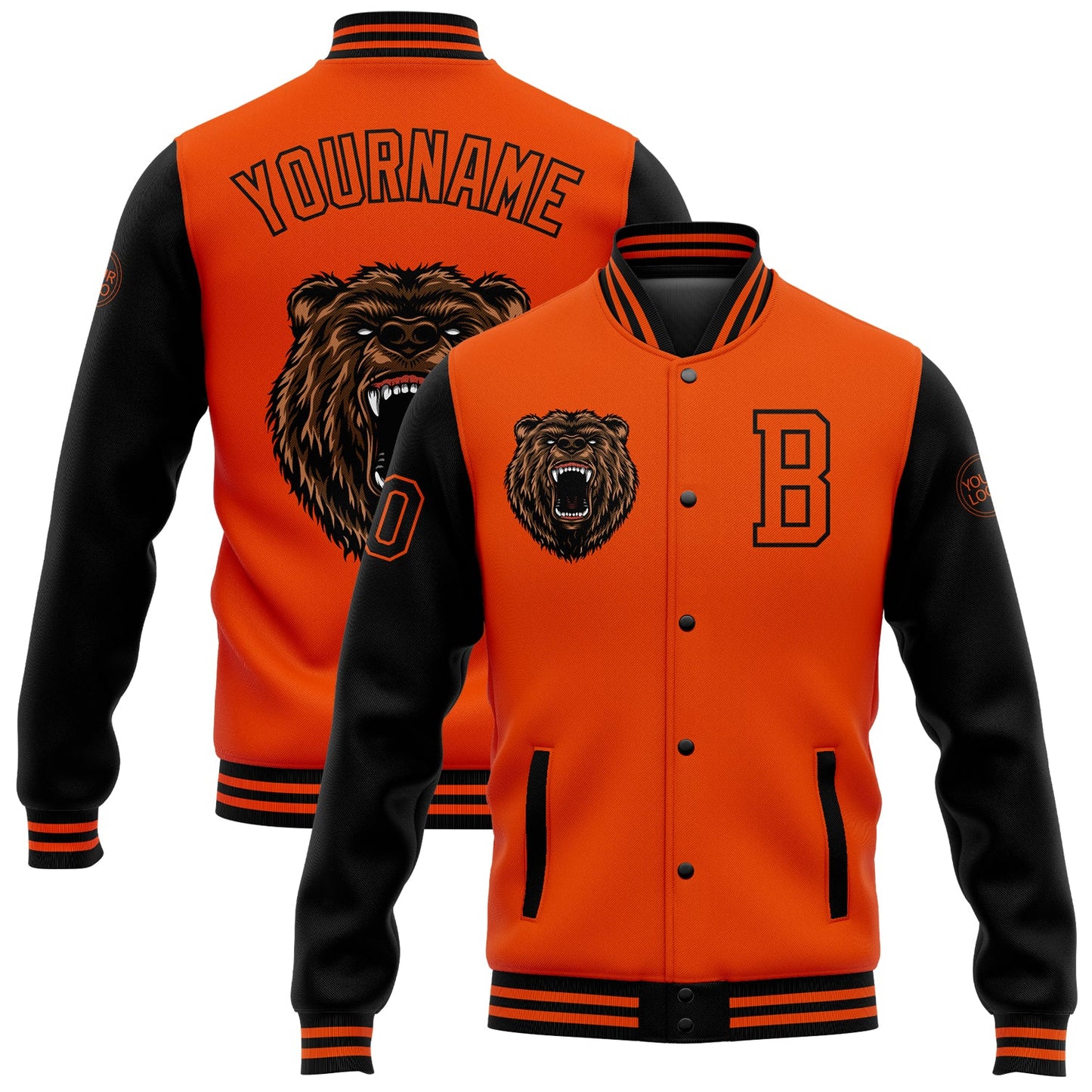 Custom Orange Black 3D Pattern Design Bomber Full-Snap Varsity Letterman Jacket - Main View