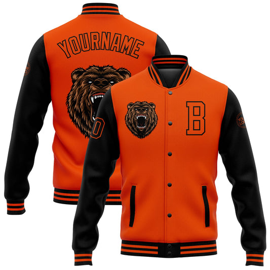 Custom Orange Black 3D Pattern Design Bomber Full-Snap Varsity Letterman Jacket - Main View