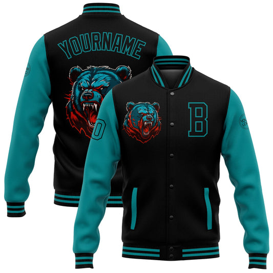 Custom Black Teal 3D Pattern Design Bomber Full-Snap Varsity Letterman Jacket - Main View