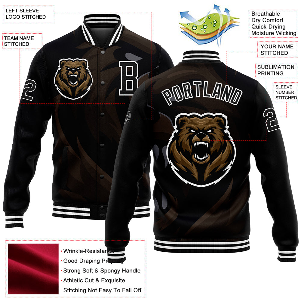 Custom Black White 3D Pattern Design Bomber Full-Snap Varsity Letterman Jacket view 5
