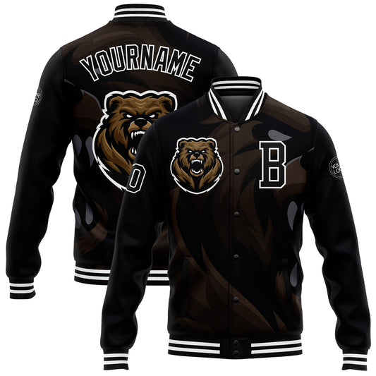 Custom Black White 3D Pattern Design Bomber Full-Snap Varsity Letterman Jacket - Main View