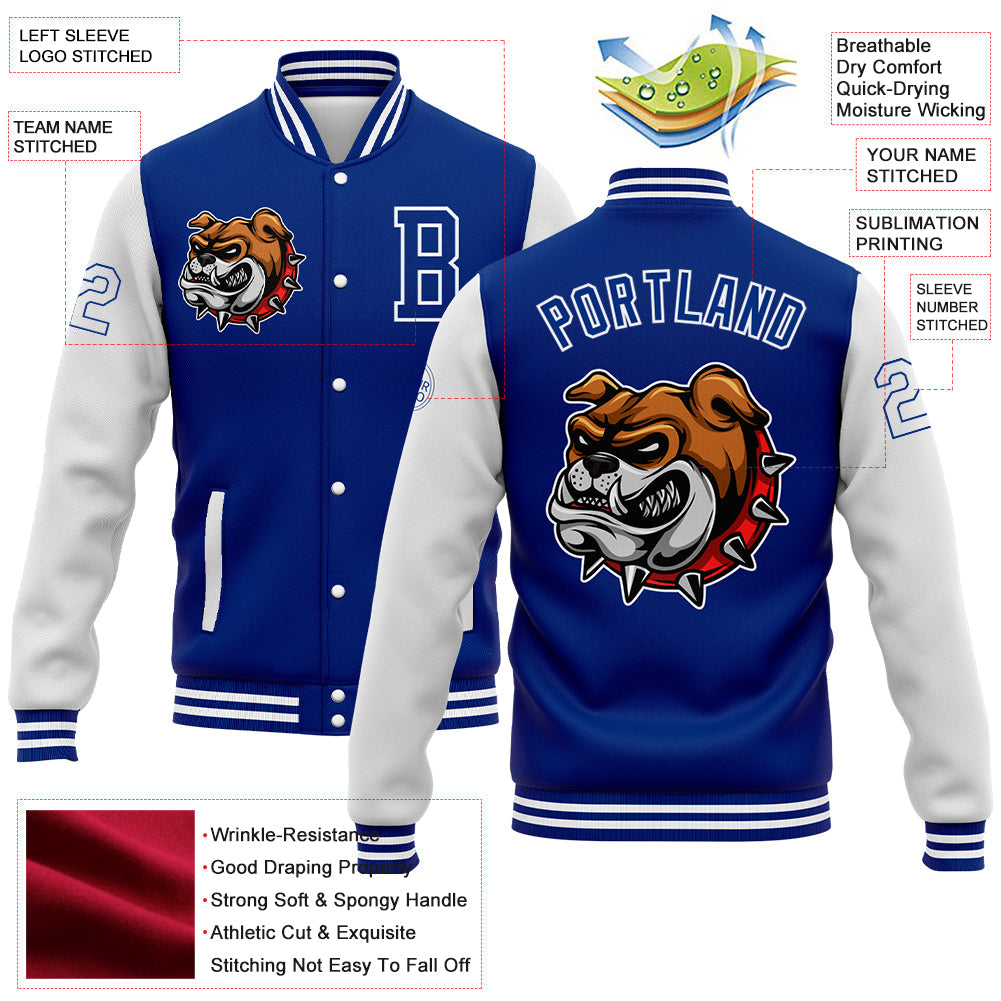 Custom Royal White 3D Pattern Design Bomber Full-Snap Varsity Letterman Jacket view 5