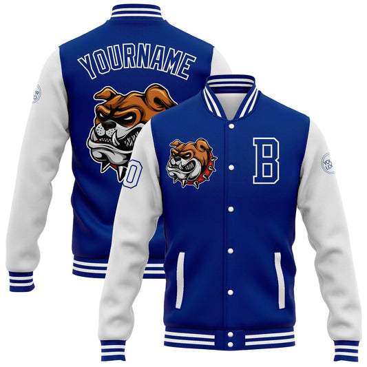 Custom Royal White 3D Pattern Design Bomber Full-Snap Varsity Letterman Jacket - Main View