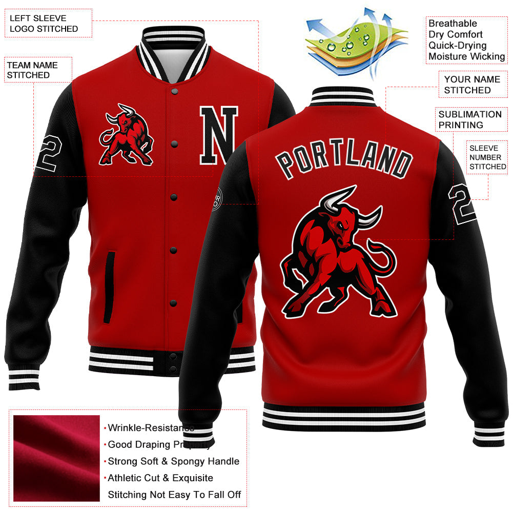 Custom Red Black-White 3D Pattern Design Bomber Full-Snap Varsity Letterman Jacket view 5