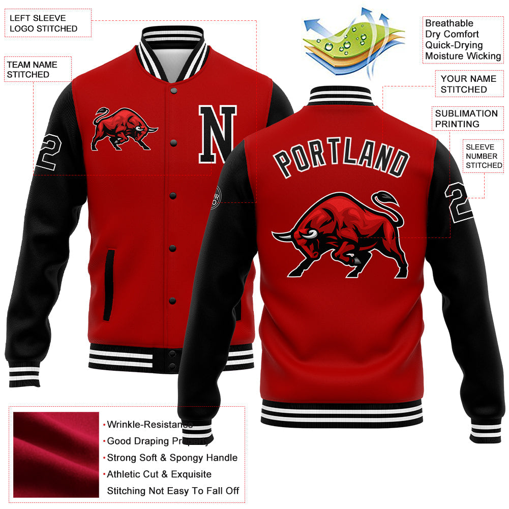 Custom Red Black-White 3D Pattern Design Bomber Full-Snap Varsity Letterman Jacket view 5