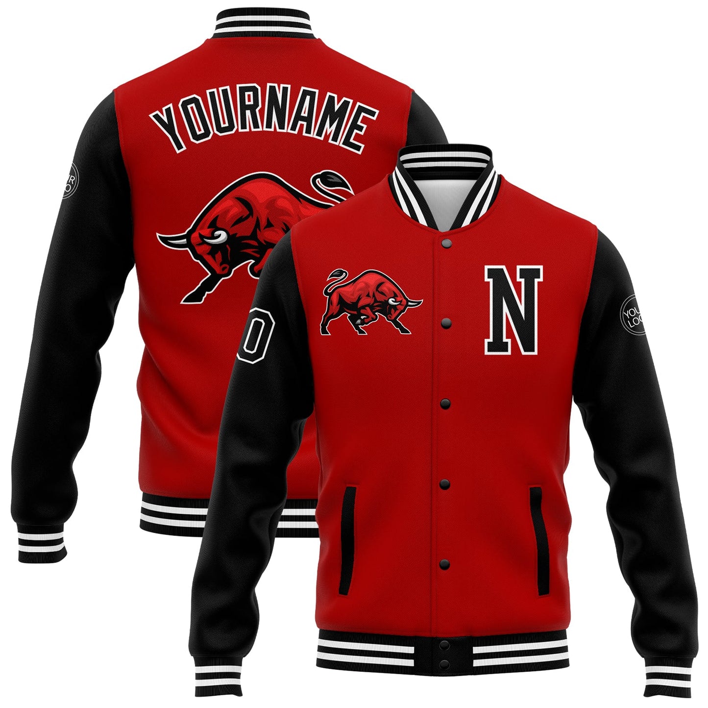 Custom Red Black-White 3D Pattern Design Bomber Full-Snap Varsity Letterman Jacket - Main View