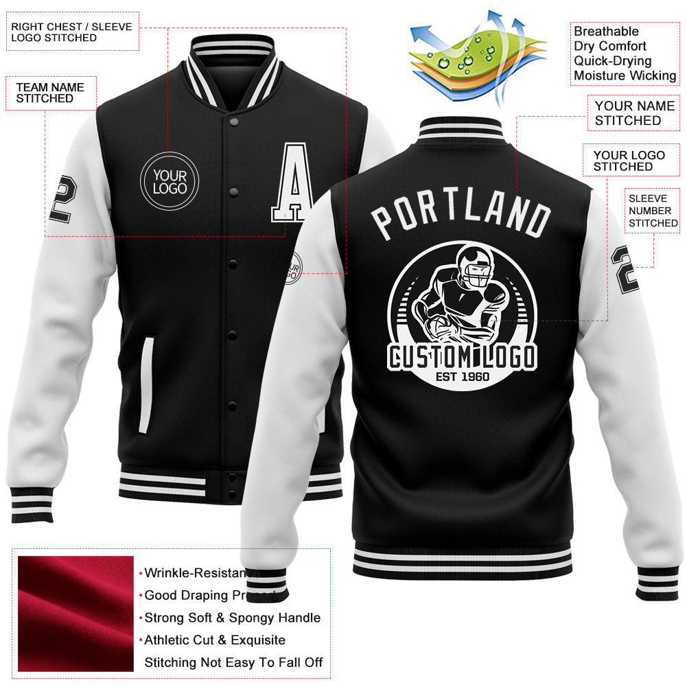 Custom Black White Bomber Full-Snap Varsity Letterman Two Tone Jacket view 5