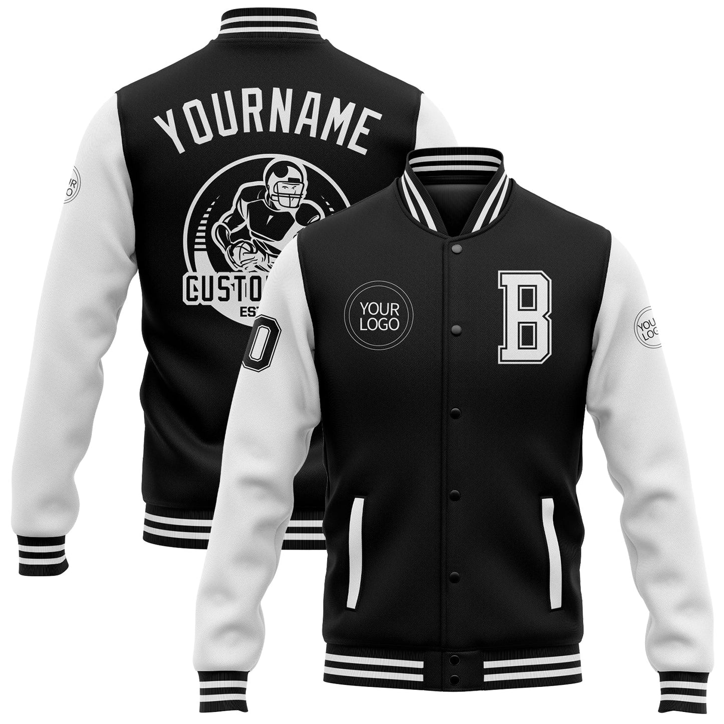 Custom Black White Bomber Full-Snap Varsity Letterman Two Tone Jacket - Main View