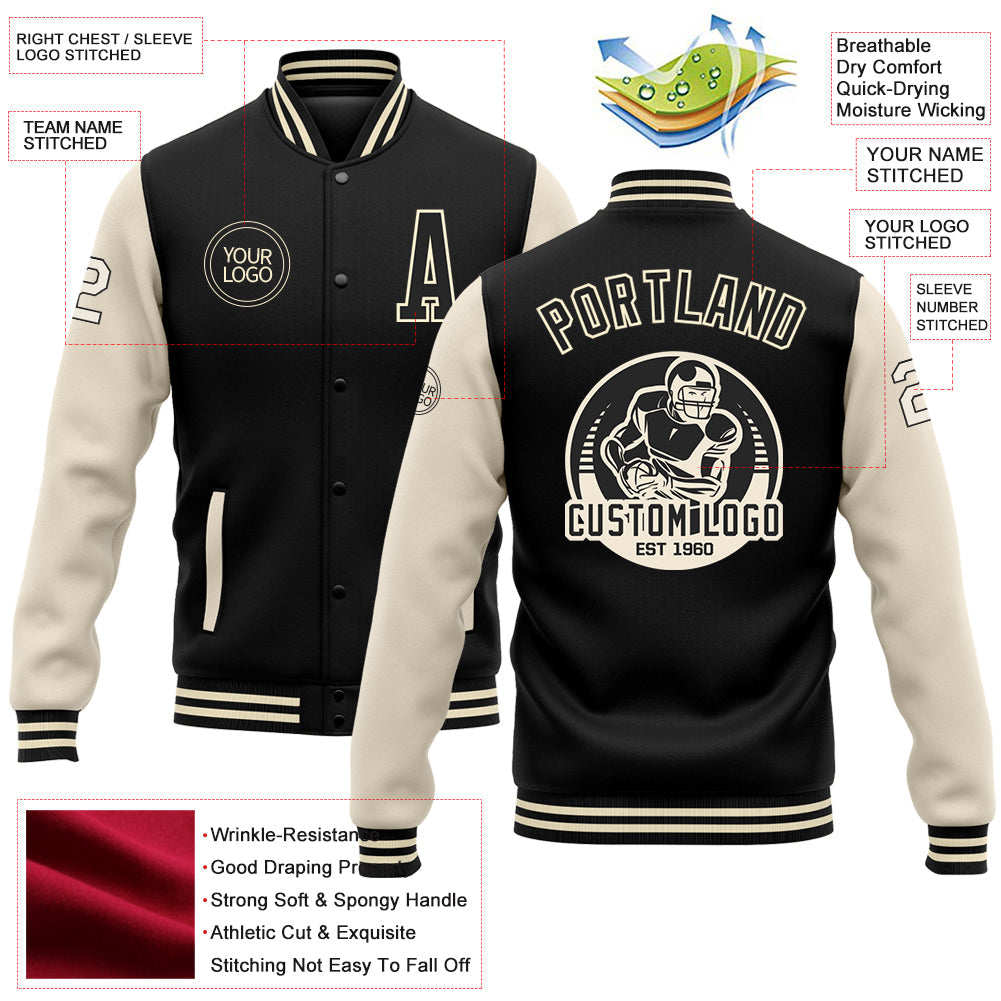 Custom Black Cream Bomber Full-Snap Varsity Letterman Two Tone Jacket view 5