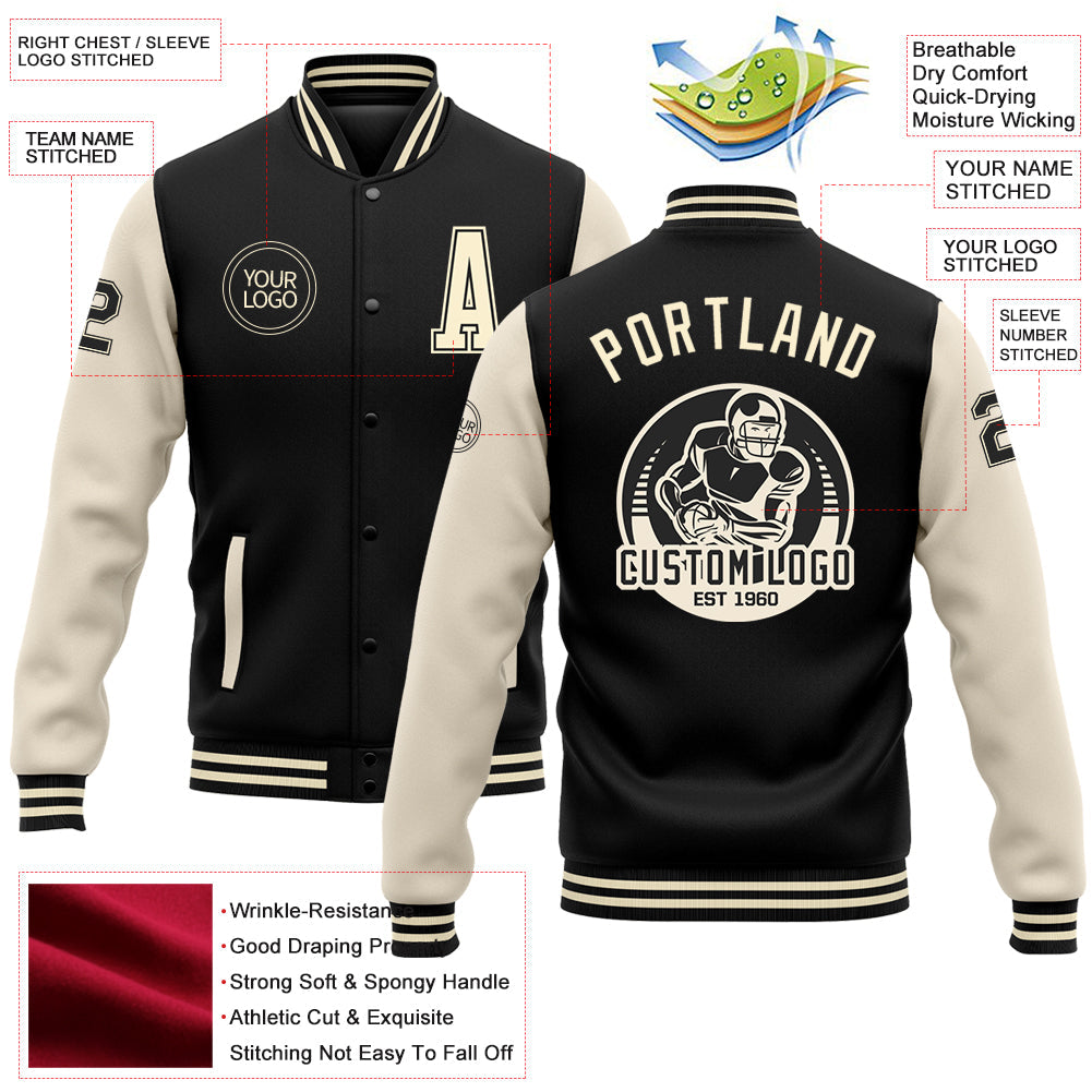 Custom Black Cream Bomber Full-Snap Varsity Letterman Two Tone Jacket view 5