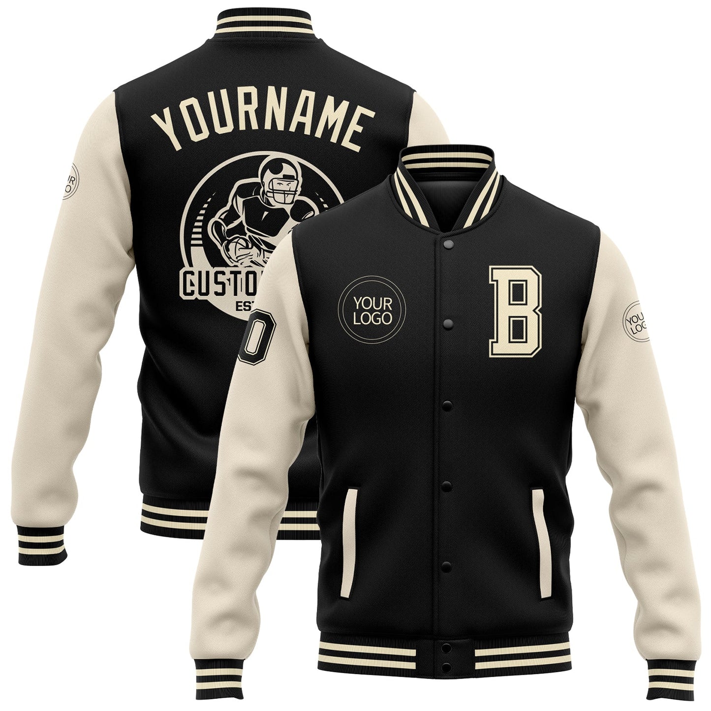 Custom Black Cream Bomber Full-Snap Varsity Letterman Two Tone Jacket - Main View