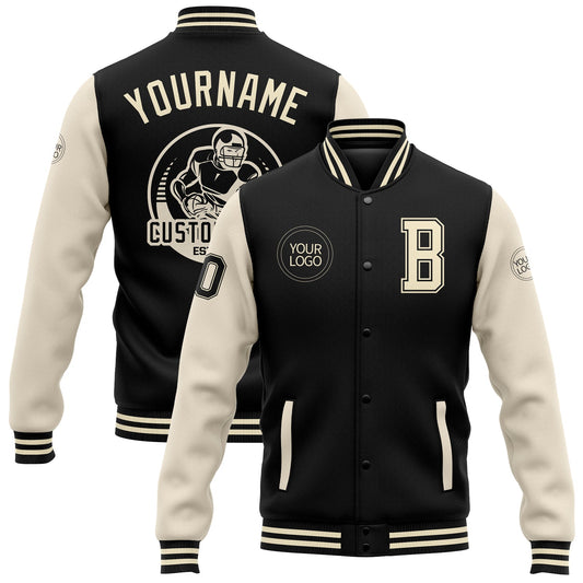 Custom Black Cream Bomber Full-Snap Varsity Letterman Two Tone Jacket - Main View