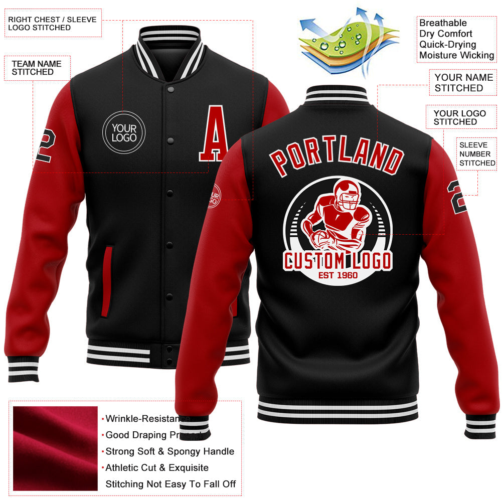 Custom Black Red-White Bomber Full-Snap Varsity Letterman Two Tone Jacket view 5