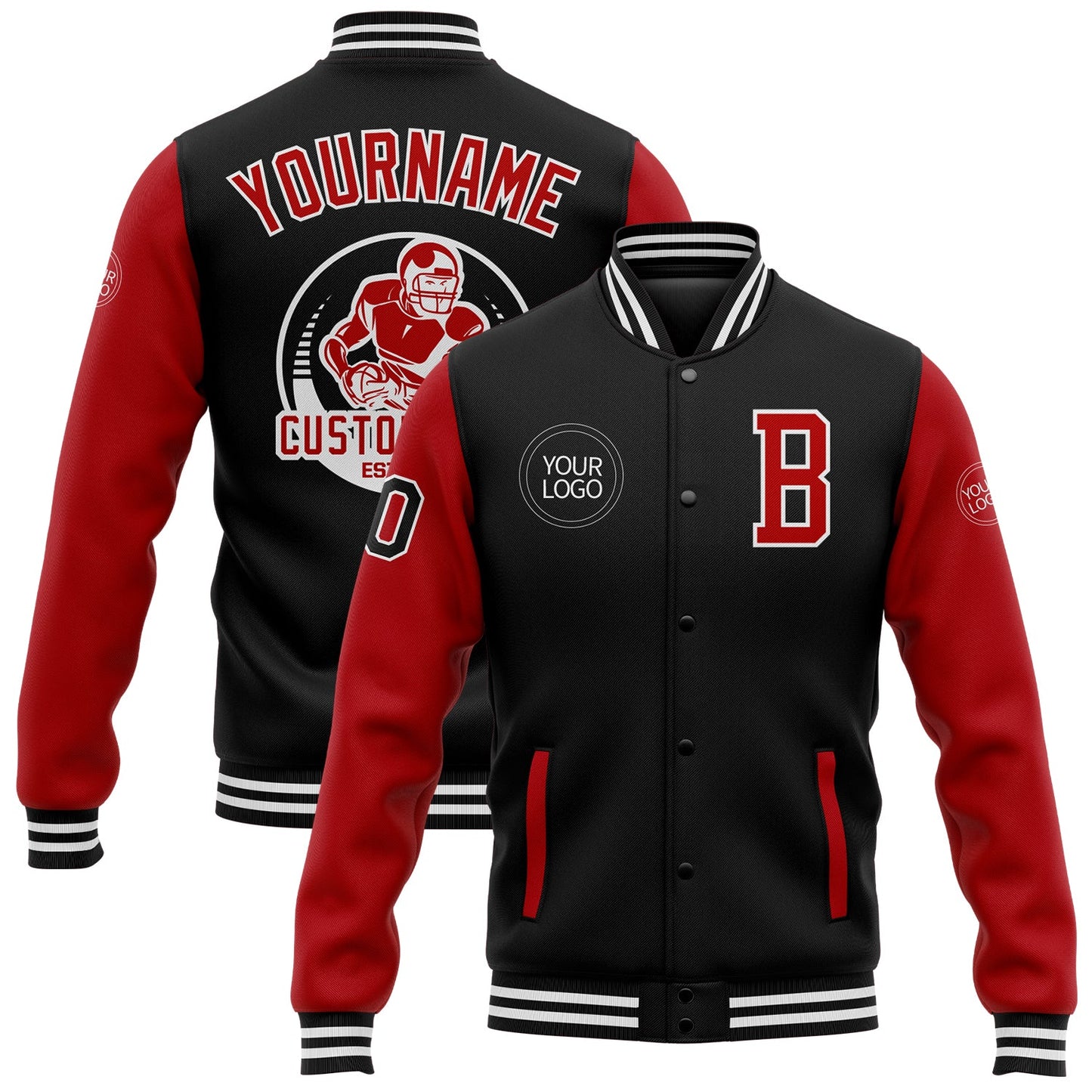 Custom Black Red-White Bomber Full-Snap Varsity Letterman Two Tone Jacket - Main View