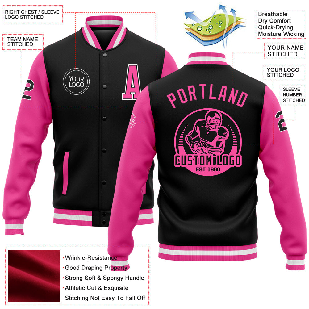 Custom Black Pink-White Bomber Full-Snap Varsity Letterman Two Tone Jacket view 5