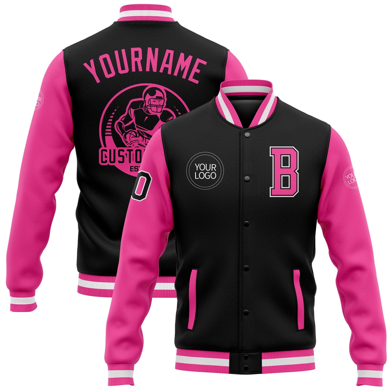 Custom Black Pink-White Bomber Full-Snap Varsity Letterman Two Tone Jacket - Main View