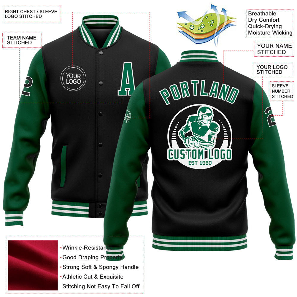 Custom Black Kelly Green-White Bomber Full-Snap Varsity Letterman Two Tone Jacket view 5