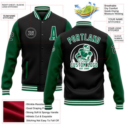 Custom Black Kelly Green-White Bomber Full-Snap Varsity Letterman Two Tone Jacket view 5