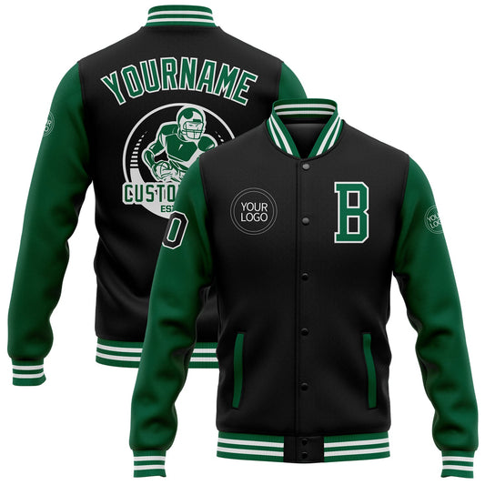 Custom Black Kelly Green-White Bomber Full-Snap Varsity Letterman Two Tone Jacket - Main View
