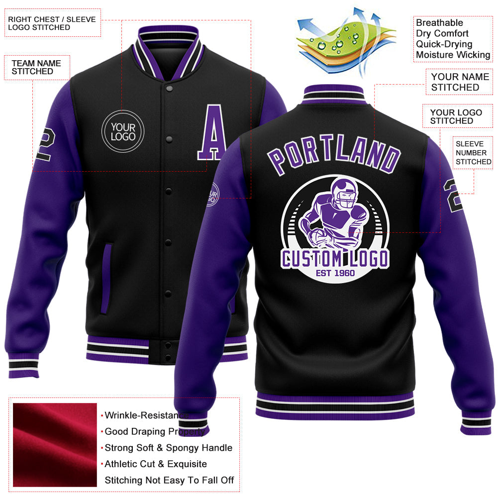 Custom Black Purple-White Bomber Full-Snap Varsity Letterman Two Tone Jacket view 5