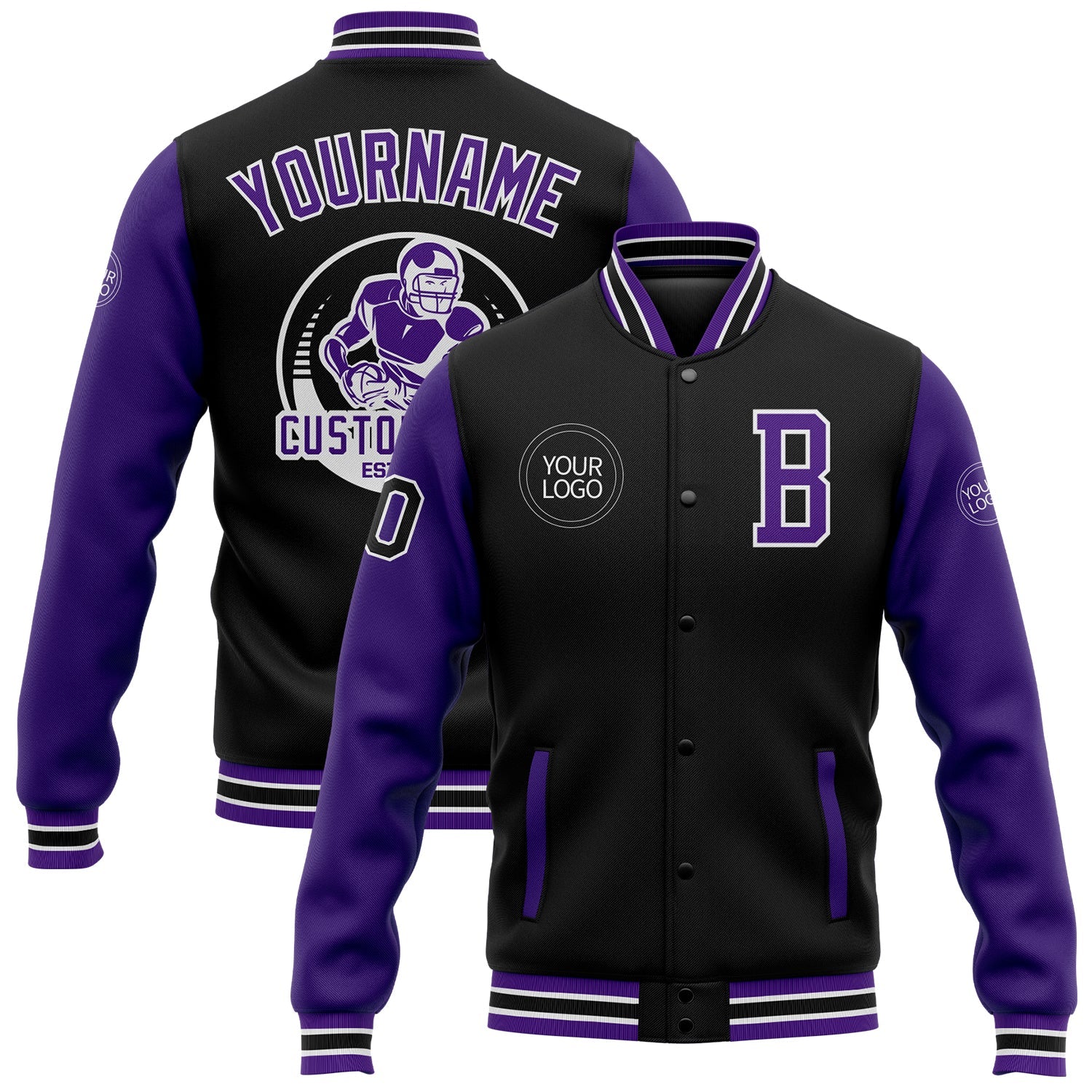 Custom Black Purple-White Bomber Full-Snap Varsity Letterman Two Tone Jacket - Main View