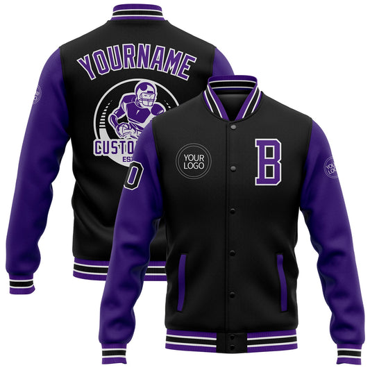 Custom Black Purple-White Bomber Full-Snap Varsity Letterman Two Tone Jacket - Main View