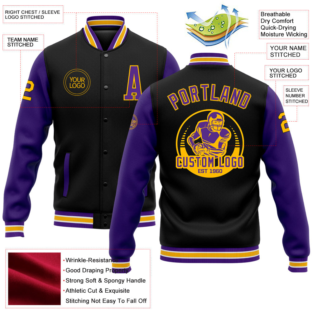 Custom Black Purple-Gold Bomber Full-Snap Varsity Letterman Two Tone Jacket view 5