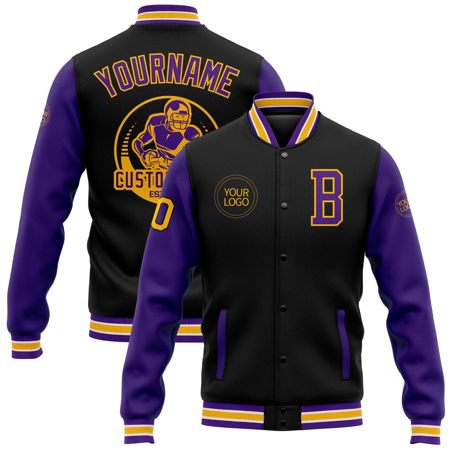 Custom Black Purple-Gold Bomber Full-Snap Varsity Letterman Two Tone Jacket - Main View