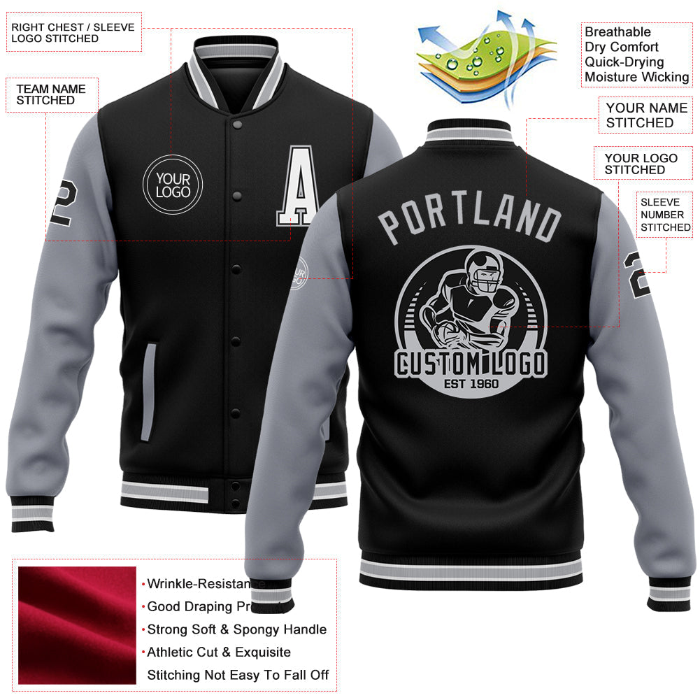 Custom Black White-Gray Bomber Full-Snap Varsity Letterman Two Tone Jacket view 5