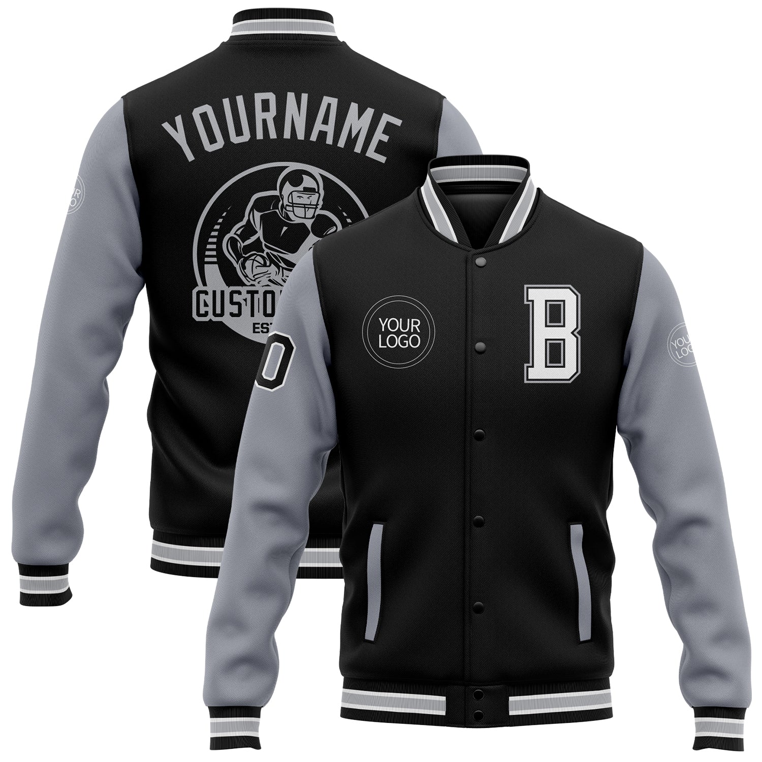 Custom Black White-Gray Bomber Full-Snap Varsity Letterman Two Tone Jacket - Main View