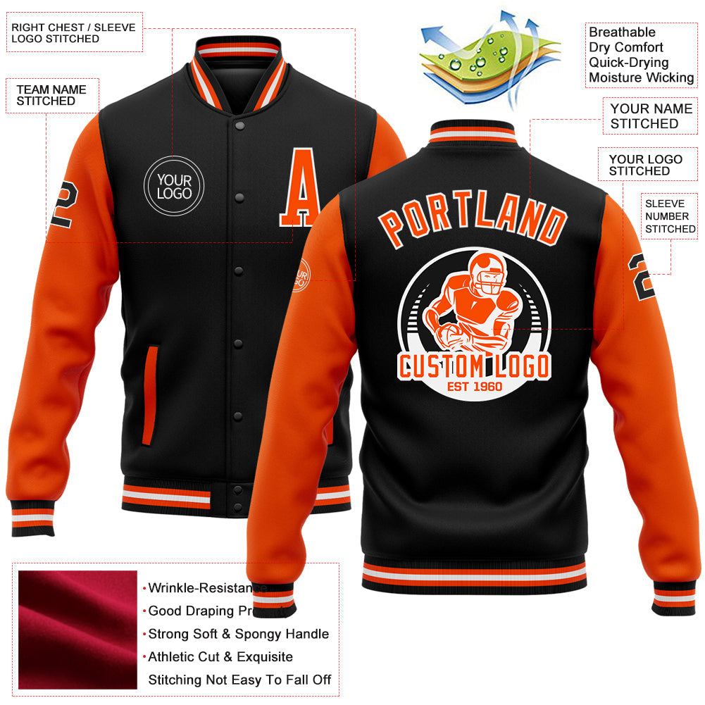 Custom Black Orange-White Bomber Full-Snap Varsity Letterman Two Tone Jacket view 5