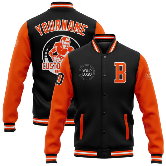 Custom Black Orange-White Bomber Full-Snap Varsity Letterman Two Tone Jacket - Main View