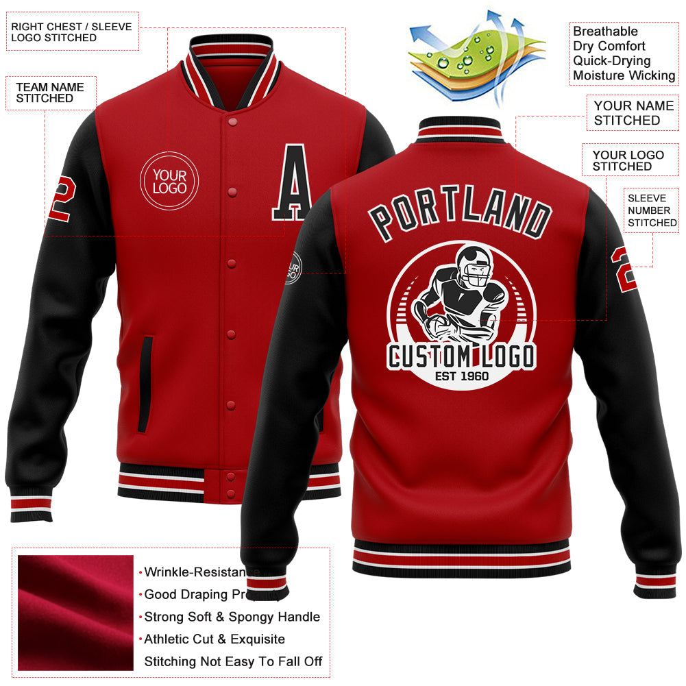 Custom Red Black-White Bomber Full-Snap Varsity Letterman Two Tone Jacket view 5