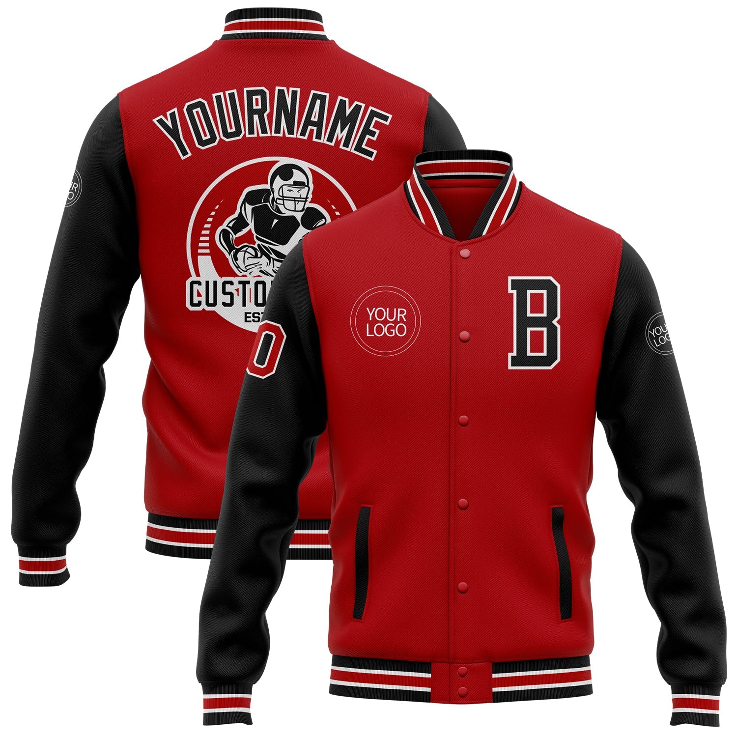 Custom Red Black-White Bomber Full-Snap Varsity Letterman Two Tone Jacket - Main View